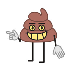 Poop character half turn points finger and smiling