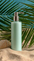 Mint-green bottle of lotion on sandy beach with palm leaves