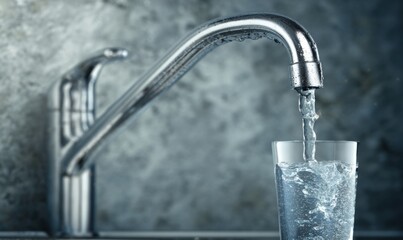 Water flowing from faucet into clear glass in kitchen