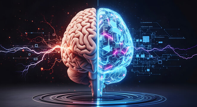 Conceptual representation of artificial intelligence and human intelligence depicting the synergy between the organic brain and computational processing capabilities in data analysis