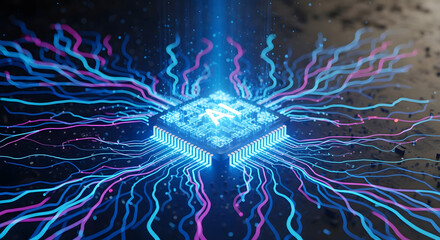 Artificial intelligence processor core radiating with connected data streams symbolizing advanced technology and innovation powering future technological advancements in a digital landscape