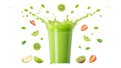 Green Smoothie Splash with Kiwi Strawberry and Green Leaves on a Black Background Refreshing and Healthy Drink for Wellness Lifestyle