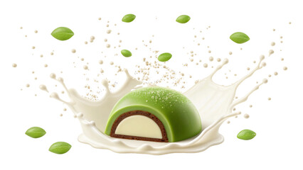 Gourmet Matcha Dome Dessert with Creamy Center and Milk Splash on Black Background Culinary Delight for Food Bloggers and Dessert Enthusiasts