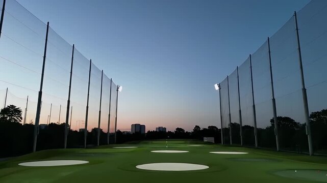 Illuminated Green Golf Driving Range at Twilight with Target Nets and Distant Buildings Under a Calm Sky