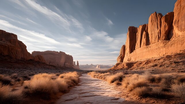 A desert hiking path winding between towering sandstone cliffs