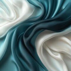 Close-up view of smooth, flowing silk fabric in shades of teal, dark blue, and white creating soft, elegant folds and a shiny texture