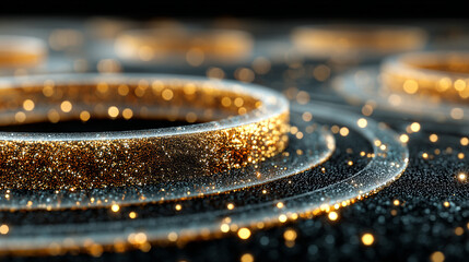 abstract design featuring golden rings isolated on black background. 3d rendering of rippled glass effect 