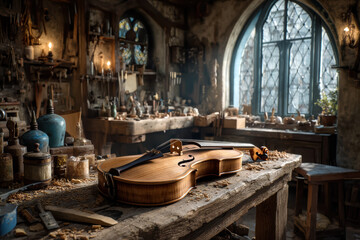 Hyper-realistic Renaissance luthier workshop craftsman shaping wooden violin on bench