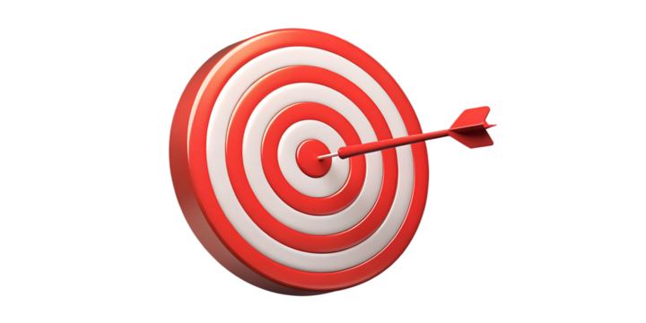 Precision Target Hit with Red and White Dart dartboard bullseye isolated on a transparent background