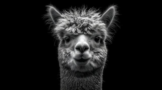 Monochrome close-up portrait of an alpaca against a pure black background, showcasing its fluffy fur, expressive eyes, and slightly open mouth in a direct frontal view