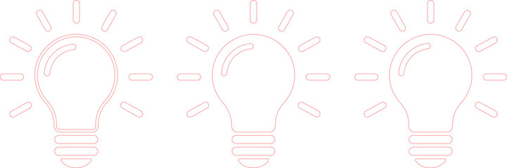 Row of Three Outline Lightbulbs with Shining Rays Isolated on Transparent Background