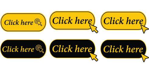Click Here Button with pointer clicking. Web button set. Click button. Clicking the icon. Action button click here with click cursor. Vector illustration.
