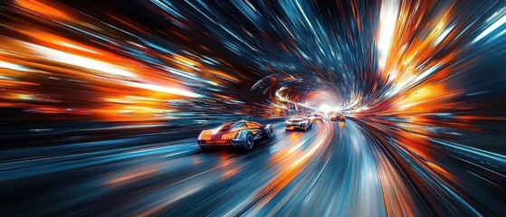 High-speed futuristic race with sleek cars speeding through a glowing tunnel with vibrant orange and blue lights creating a dynamic, energetic atmosphere