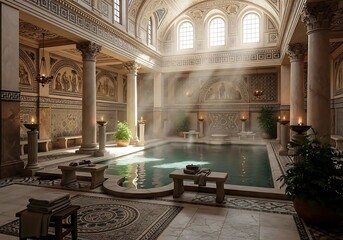 Interior of an ancient roman bathhouse with steam rising