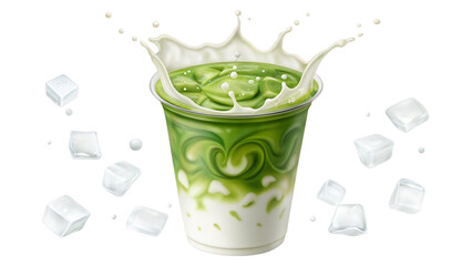 Iced matcha latte with splashing milk and scattered ice cubes a refreshing green tea drink for summer a cool beverage with creamy texture perfect for hot days