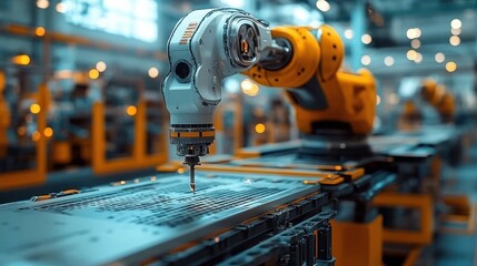 Automated robotic arm with a precision tool performing manufacturing tasks on an assembly line in a high-tech industrial factory with bright lighting
