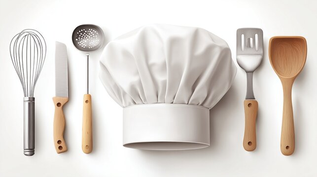 Overhead view of various kitchen tools and a chef's hat.  A whisk, knife, slotted spoon, spatula, and wooden spoon rest alongside a chef's hat.  All items 