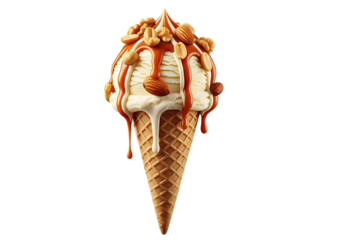 Vanilla ice cream cone with caramel sauce and peanuts isolated on transparent background