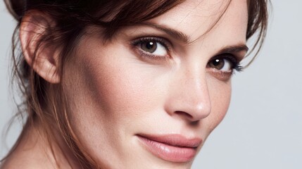 Fototapeta premium A close-up, headshot portrait of a natural and beautiful woman. Her dark hair is pulled back, and her expression is calm and confident.