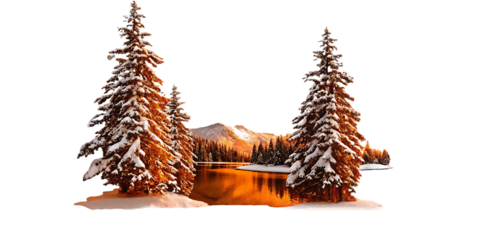 Snow-covered pine trees beside a lake reflecting sunset light winter landscape isolated on a transparent background