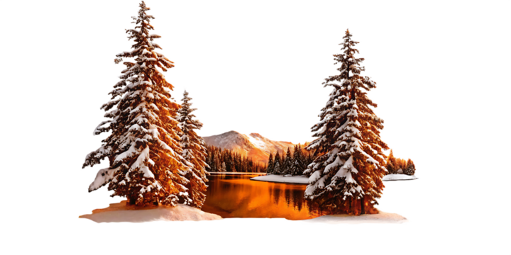 Snow-covered pine trees beside a lake reflecting sunset light winter landscape isolated on a transparent background