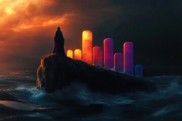 A lone cloaked figure stands on a rocky outcrop surrounded by turbulent ocean waves at sunset with glowing vertical bars of varying height emitting warm and cool light in the background