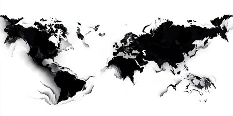 black and white stylized world map with layered shadow effects creating a three-dimensional contour appearance