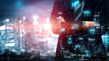 A confident businessman stands against a futuristic city skyline, symbolizing innovation and technology with digital icons overlay, representing modern business growth. Xenic - Powered by Adobe