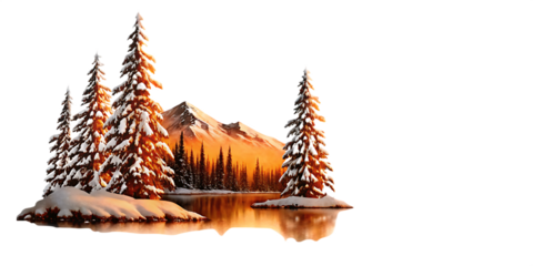 Snowy evergreen trees reflected in calm water with mountain backdrop winter pine isolated on a transparent background