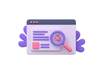 Fototapeta premium A 3d render of a computer screen with purple text and a pink square, a magnifying glass revealing a bug icon, isolated on transparent background
