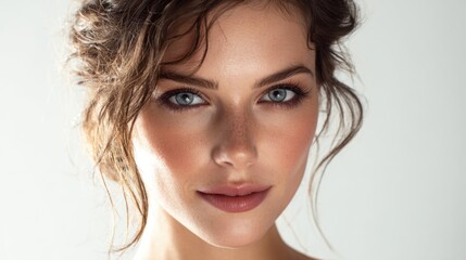 Naklejka premium A clean and luminous portrait of a young woman, symbolizing pure beauty and wellness. The image captures a sense of freshness and calm.