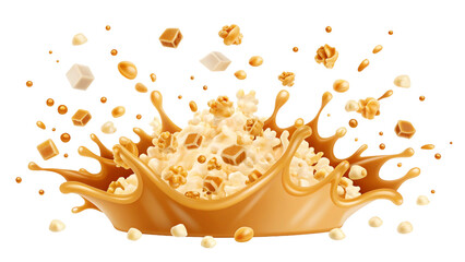 Irresistible Caramel Popcorn Explosion with Flying Toffee and Chocolate Candy Pieces A Delightful Sweet Treat for Movie Nights and Festive Celebrations