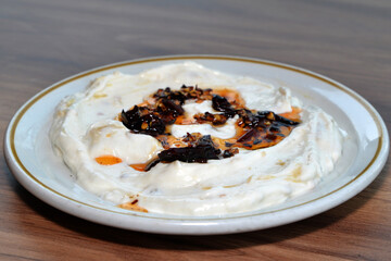 Turkish appetizer plate on table in restaurant