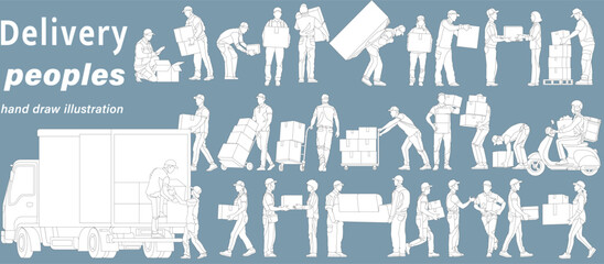 Delivery staff flat vector monochrome illustration set