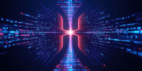 Futuristic glowing tunnel of cascading blue and red digital data streams converging toward a bright central light, evoking a sense of speed and technology