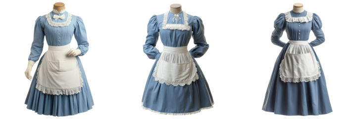 Set of Vintage Blue Nurse Dresses with Ruffled Collars and Long Sleeves Isolated on Transparent Background