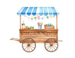 Watercolor illustration of a charming wooden food cart