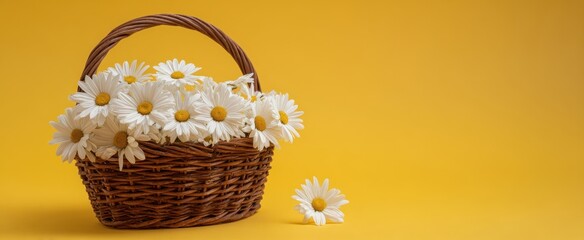 The beautiful daisy basket sitting against a vibrant yellow backdrop.