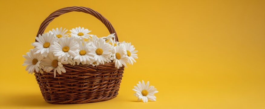 The beautiful daisy basket sitting against a vibrant yellow backdrop. - Powered by Adobe