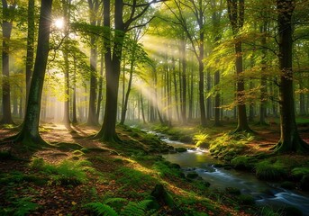 Sunlight streaming through trees in a lush green forest