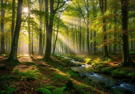 Sunlight streaming through trees in a lush green forest