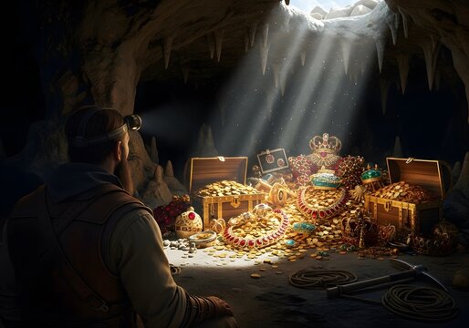A treasure hunter in a cave filled with gold and jewels.
