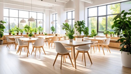 Modern Bright Cafe Interior with Tables with Plants, and Windows.