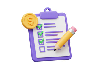 3d illustration of a clipboard with a checklist, a pencil, and a coin, symbolizing financial planning and task completion, isolated on transparent background