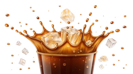 Refreshing iced coffee drink with splashing liquid and falling ice cubes on dark background delicious cold summer beverage and refreshing energy booster perfect for hot days and caf menus