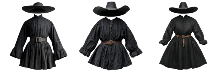 Classic Black Puritan Outfits with Wide Brim Hat and Leather Belt on Transparent Background