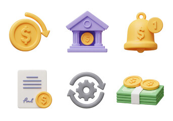 Collection of financial icons including money, bank, bell, document, gears, and cash stack, isolated on transparent background