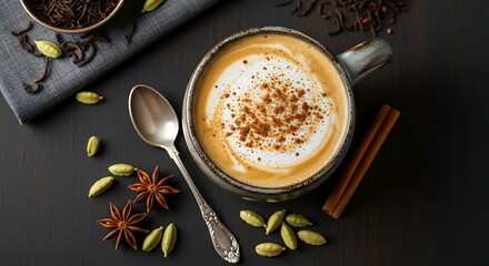 Aromatic masala chai tea latte in a rustic mug, topped with frothed milk and cinnamon, surrounded by whole spices