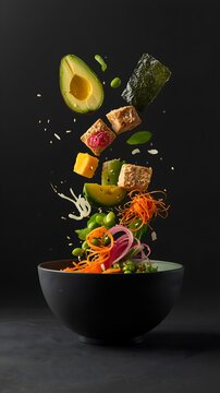 Surreal Floating Vegan Poke Bowl with Hyper-Realistic Artistic Food Styling.