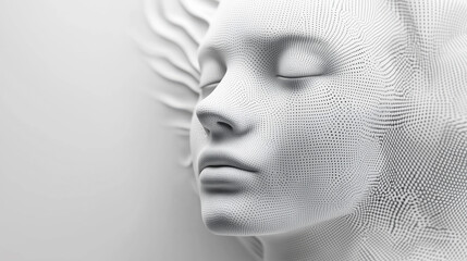 A woman’s head with dots covering her face and background. The concept of digital identity, technology, and the integration of human perception with data visualization. Generative AI